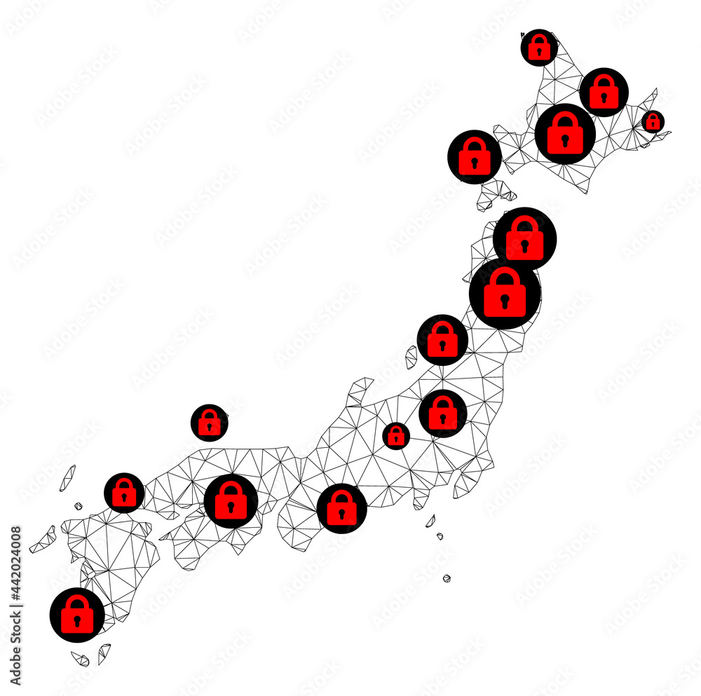 Polygonal mesh lockdown map of Japan. Abstract mesh lines and locks form map of Japan. Vector wire frame 2D polygonal line network in black color with red locks. Frame model for health care posters. Polygonal mesh lockdown map of Japan. Abstract mesh lines and locks form map of Japan. Vector wire frame 2D polygonal line network in black color with red locks. Frame model for health care posters.