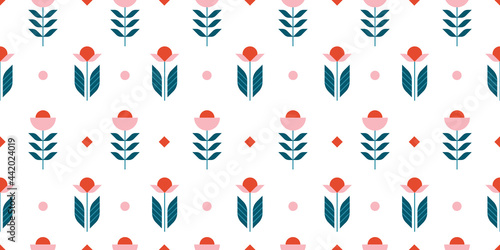 Floral seamless pattern with abstract flowers and polka dot in nordic style 