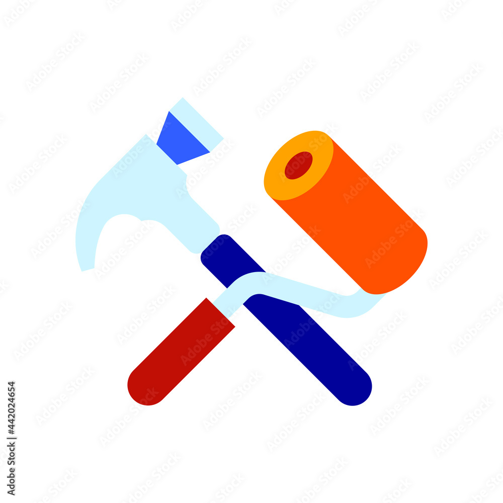 Hammer and roll brush flat vector icon Hammer and roll brush flat vector icon