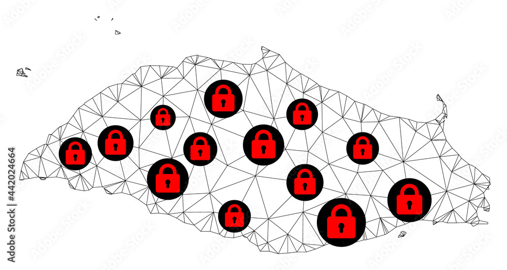 Polygonal mesh lockdown map of Isla La Tortuga. Abstract mesh lines and locks form map of Isla La Tortuga. Vector wire frame 2D polygonal line network in black color with red locks. Polygonal mesh lockdown map of Isla La Tortuga. Abstract mesh lines and locks form map of Isla La Tortuga. Vector wire frame 2D polygonal line network in black color with red locks.