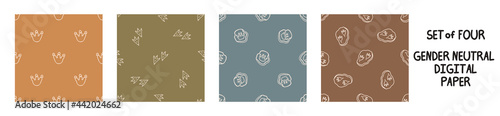 Seemless background dinosaur foot print set of 4 patterns. Whimsical minimal earthy 2 tone color. kids nursery wallpaper or boho cartoon pet fashion all over print.