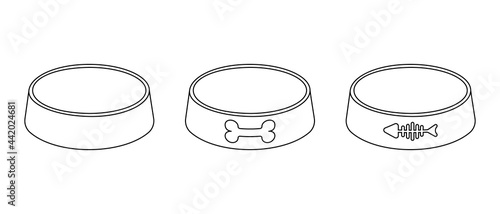 Empty pet food bowls outline icons. Dog and cat plastic or metal plates isolated on white background. Editable stroke. Vector illustration in linear style.