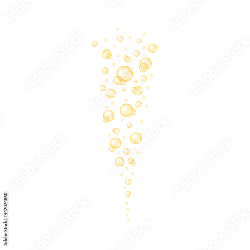 Golden transparent bubbles. Shiny drops of collagen, serum, jojoba cosmetic oil, vitamin A or E, omega fatty acids. Vector realistic illustration.