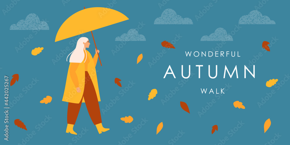 Girl in a yellow raincoat and under an umbrella, walking on the street in an autumn day, autumn leaves fly around the girl, cute autumn illustration Girl in a yellow raincoat and under an umbrella, walking on the street in an autumn day, autumn leaves fly around the girl, cute autumn illustration