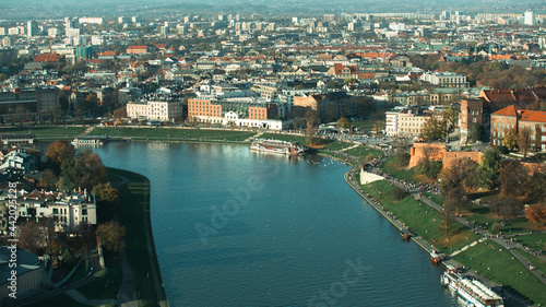 Aerial view of the Vistula River in the historic center of Krakow, Poland.