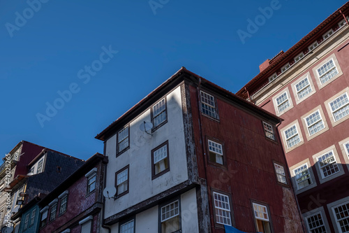 View of the residential buildings on one of the streets in the historical center of Porto, Portugal.
