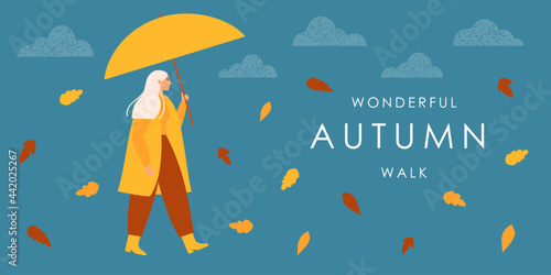 Girl in a yellow raincoat and under an umbrella, walking on the street in an autumn day, autumn leaves fly around the girl, cute autumn illustration