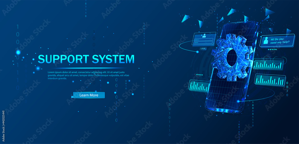 Obraz premium Technical support system. Remote access and control of the phone via an Internet connection. Software development. Abstract vector in a futuristic polygonal style with a frame.