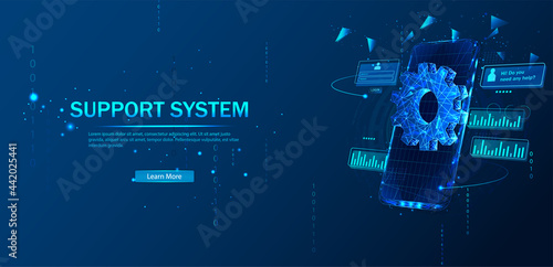 Technical support system. Remote access and control of the phone via an Internet connection. Software development. Abstract vector in a futuristic polygonal style with a frame.