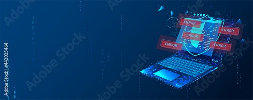Cyber security, data protection, cyberattacks concept on blue background. Database security software development. Online security concept. Laptop protected with shield. Vector illustration