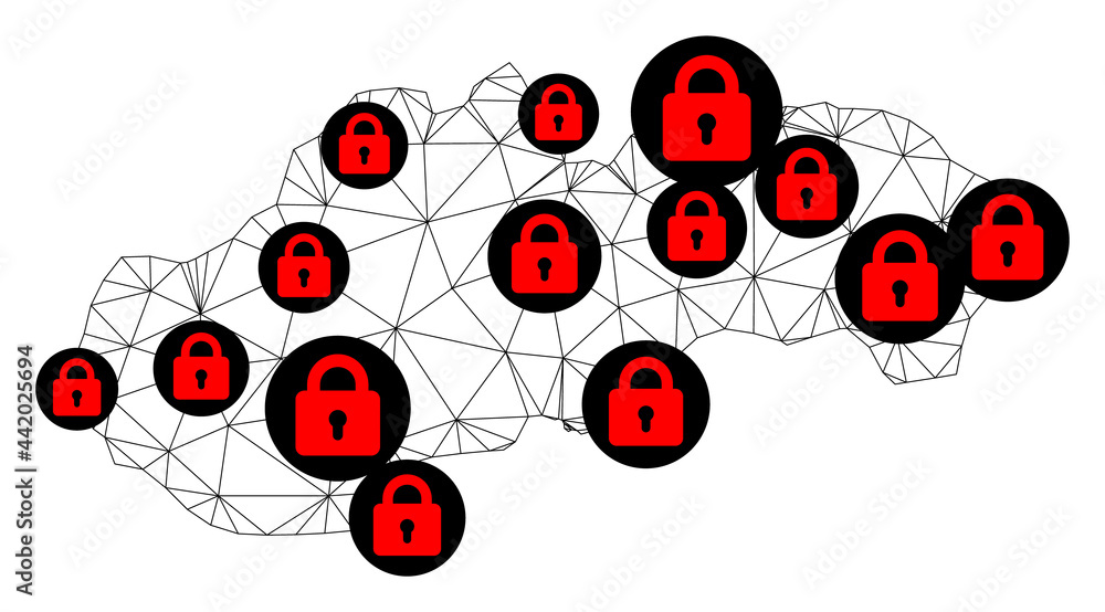 Obraz premium Polygonal mesh lockdown map of Slovakia. Abstract mesh lines and locks form map of Slovakia. Vector wire frame 2D polygonal line network in black color with red locks.