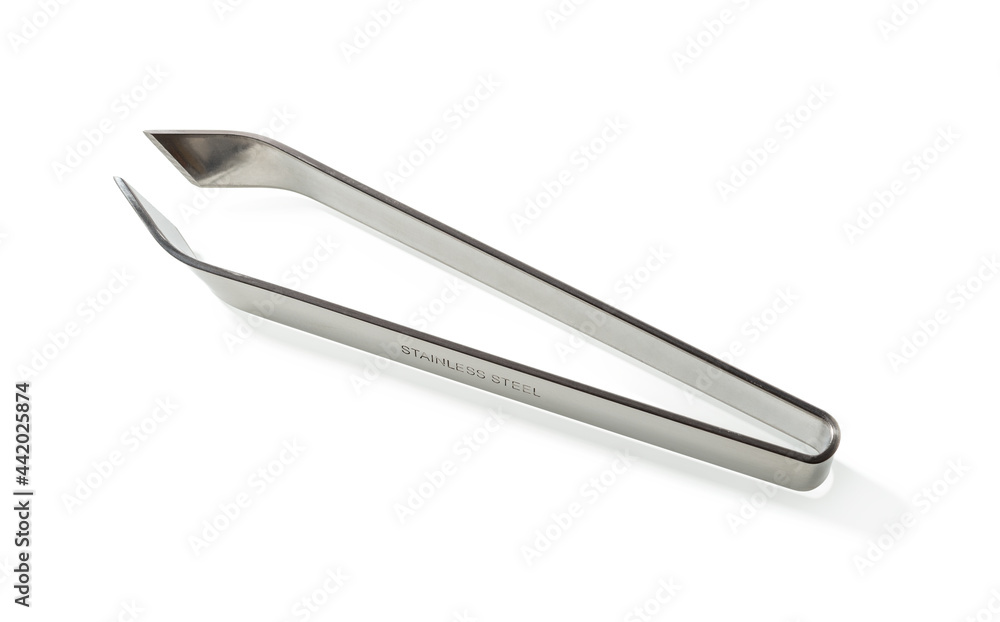 Fish bone remover tongs isolated on white background. Stainless steel tweezers for removing small bones along the fish spine. Kitchen metall forceps close-up. Fishbone pincers macro. Kitchen utensils. Fish bone remover tongs isolated on white background. Stainless steel tweezers for removing small bones along the fish spine. Kitchen metall forceps close-up. Fishbone pincers macro. Kitchen utensils.