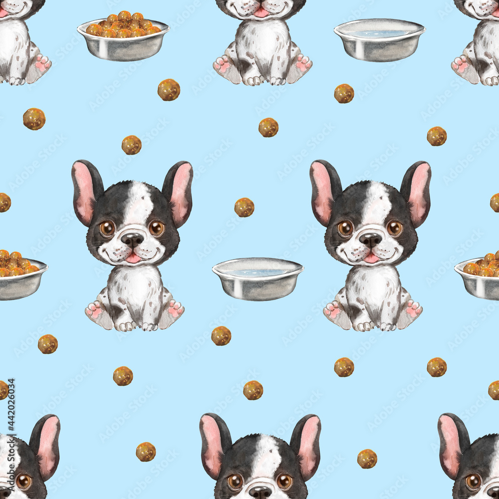 Watercolor pattern with french bulldogs on a blue background, pattern with puppies, cute puppies, childrens print Watercolor pattern with french bulldogs on a blue background, pattern with puppies, cute puppies, childrens print