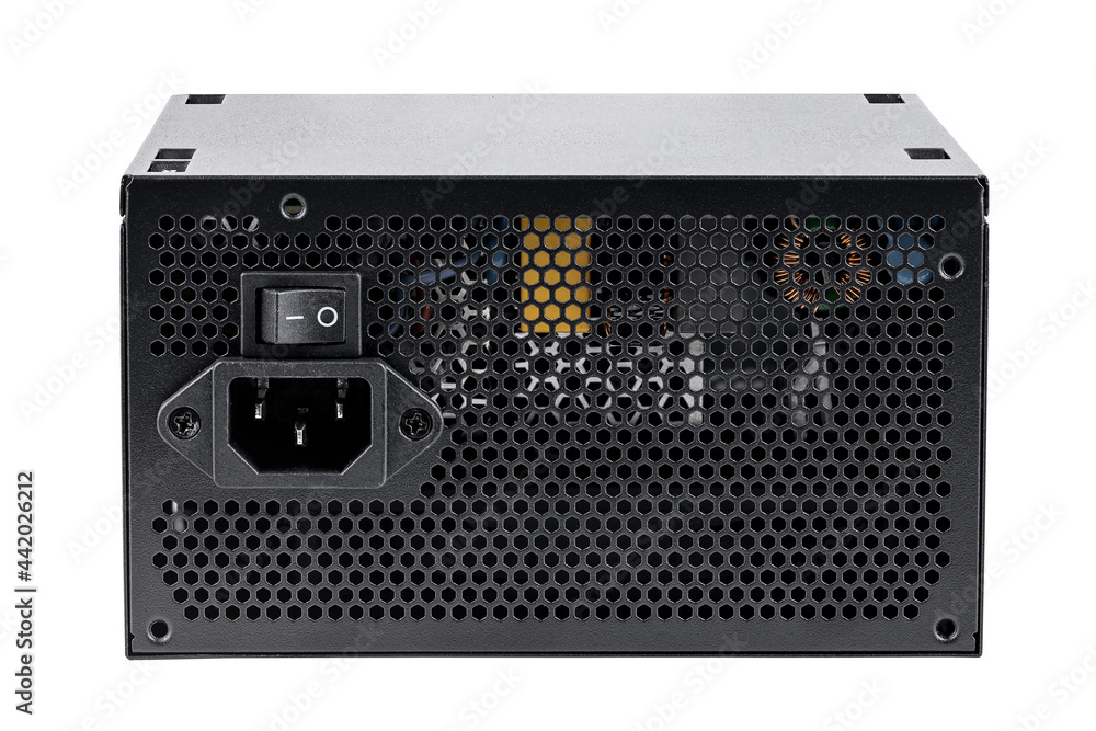 Obraz premium computer power supply unit isolated on white background. desktop hardware part cut out