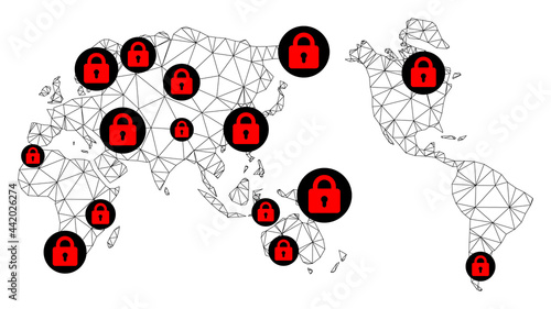 Polygonal mesh lockdown map of Earth. Abstract mesh lines and locks form map of Earth. Vector wire frame 2D polygonal line network in black color with red locks. Frame model for isolation purposes.
