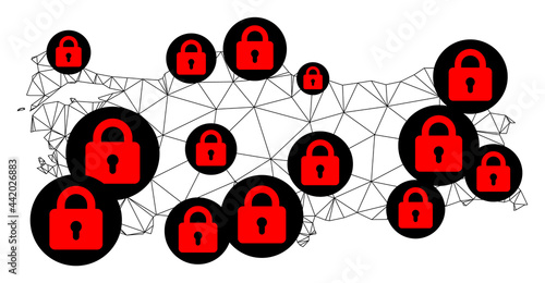 Polygonal mesh lockdown map of Turkey. Abstract mesh lines and locks form map of Turkey. Vector wire frame 2D polygonal line network in black color with red locks.