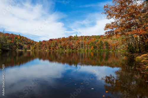 Here we see a leaf just coming down at the top of the frame to join his friends on the surface of this beautiful lake on a fall afternoon in October.