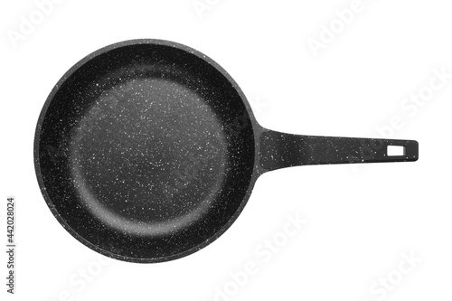 Frying pan with marble covering. Fry pan isolated on white. Top view.