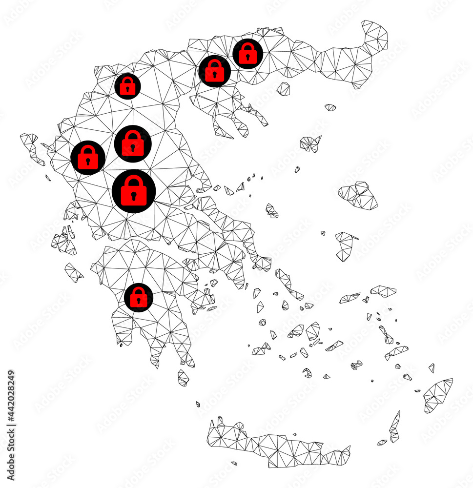 Polygonal mesh lockdown map of Greece. Abstract mesh lines and locks form map of Greece. Vector wire frame 2D polygonal line network in black color with red locks.