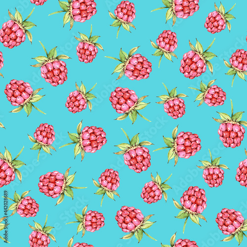seamless pattern with raspberries on a turquoise background, illustration watercolor hand painted
