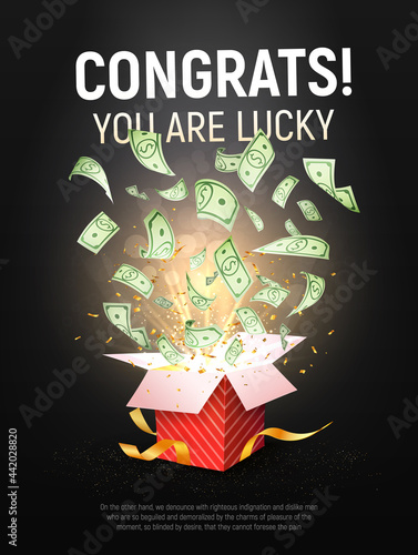 Dollar paper currency explosion outbox. Win money prizes vector illustration. Gambling advertising banner. Red gift box on dark background.