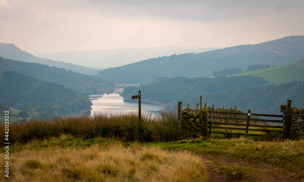 The view of Ladybower Reservoir from a footpath around it, Peak District, Derbyshire, England, UK