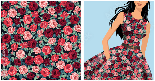 Seamless vector vintage floral pattern for gift wrap, fabric, cover and interior design with flowers. And example of usage with mock up pattern. Red and pink roses 