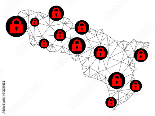 Polygonal mesh lockdown map of Abkhazia. Abstract mesh lines and locks form map of Abkhazia. Vector wire frame 2D polygonal line network in black color with red locks.