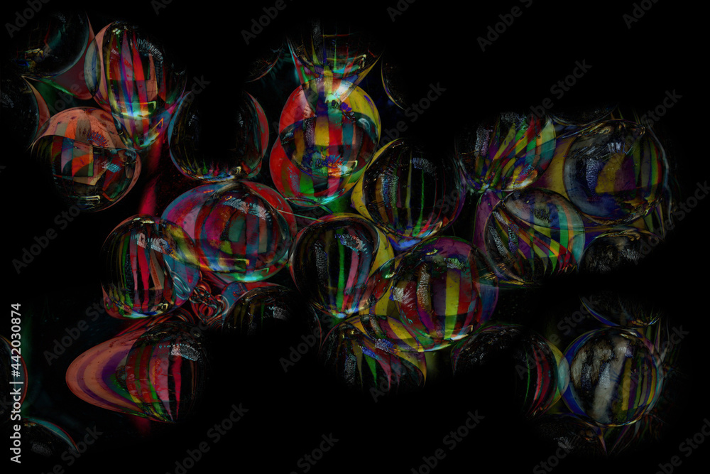Dark grungey abstract rainbow spheres on black