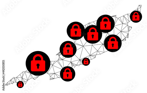 Polygonal mesh lockdown map of Anguilla Island. Abstract mesh lines and locks form map of Anguilla Island. Vector wire frame 2D polygonal line network in black color with red locks.