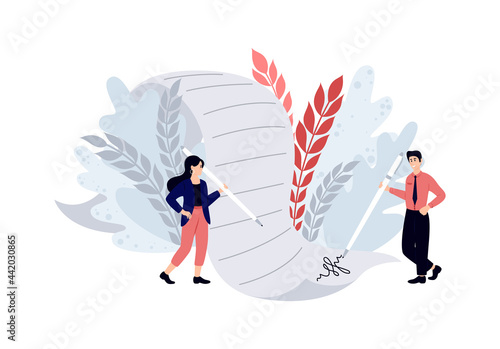Business partners signing paper or digital contract documentation. Document signing and agreement conclusion, business partnership.