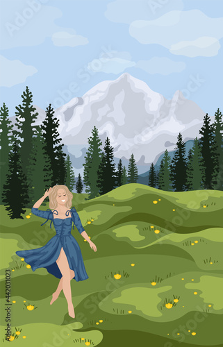 Young woman traveler and hiker looks on summer mountains landscape background. Concept of freedom, relax and inspirational lifestyle