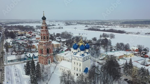 Aerial view of the Cathedral of the Archangel Michael and the bell tower in Bronnitsy in winter, Moscow region, Russia