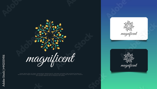 Luxurious Nature Floral Leaf Ornament Logo, Suitable for Spa, Beauty, Resort, or Cosmetic Product Brand Identity. Elegant Green and Gold Mandala