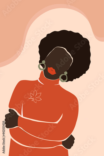Portrait of a dark-skinned African-American contemporary, abstract woman in a warm sweater hugs herself. The concept of self-love, autumn mood. Vector graphics.