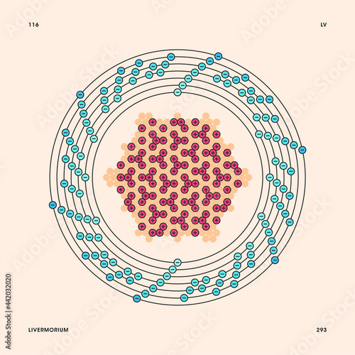 Bohr model representation of the livermorium atom, number 116 and symbol , .
Conceptual vector illustration of livermorium-293 isotope atom, mass number 293 and electron configuration 2, 8, 18, 32, 32 photo