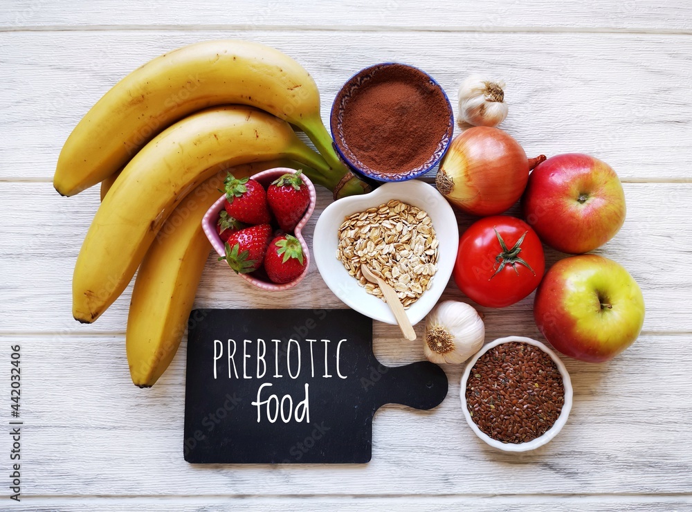 Fototapeta Assortment of foods high in prebiotics for healthy gut and
