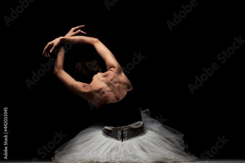 ballerina with a tutu posing on the floor