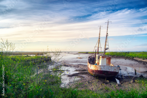 Abandoned old boat on the shores of a river