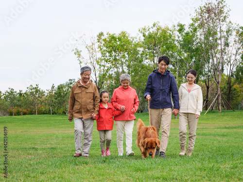 Happy family of five and pet dog walking in the park