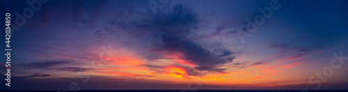 Dramatic panorama of late sunset with burning sky
