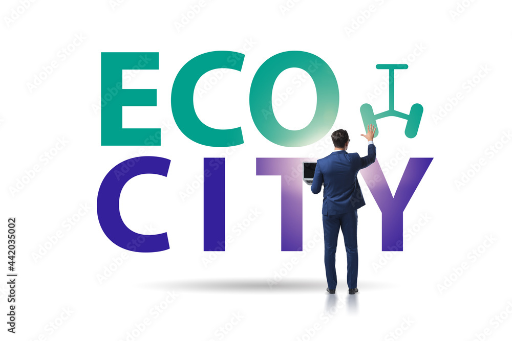 Eco city in ecology concept with businessman Eco city in ecology concept with businessman