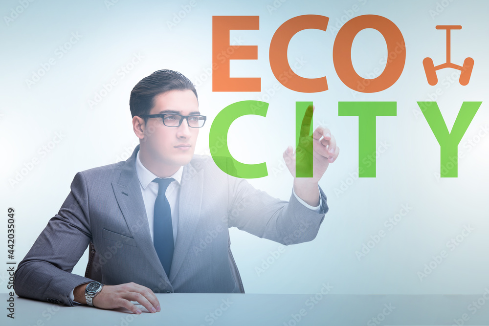 Ecocity ecology concept with businessman Ecocity ecology concept with businessman