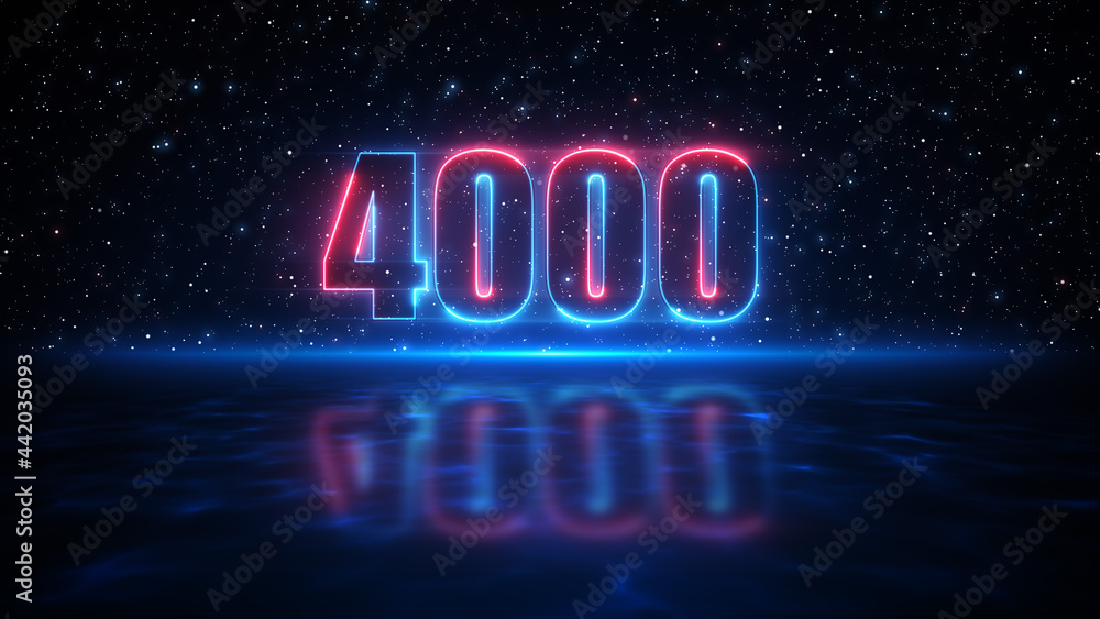 Futuristic Red And Blue Number 4000 Display Neon Sign On Dark Blue Starry Sky Of The Space And Light Reflection On Water Surface Floor Futuristic Red And Blue Number 4000 Display Neon Sign On Dark Blue Starry Sky Of The Space And Light Reflection On Water Surface Floor