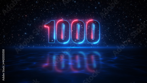 Futuristic Red And Blue Number 1000 Display Neon Sign On Dark Blue Starry Sky Of The Space And Light Reflection On Water Surface Floor