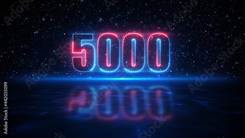 Futuristic Red And Blue Number 5000 Display Neon Sign On Dark Blue Starry Sky Of The Space And Light Reflection On Water Surface Floor