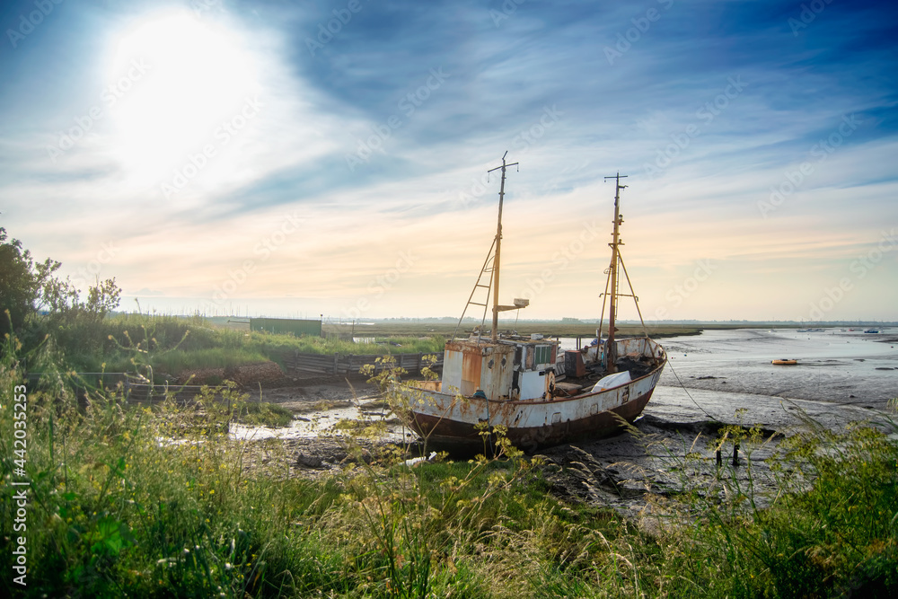 Abandoned old boat on the shores of a river