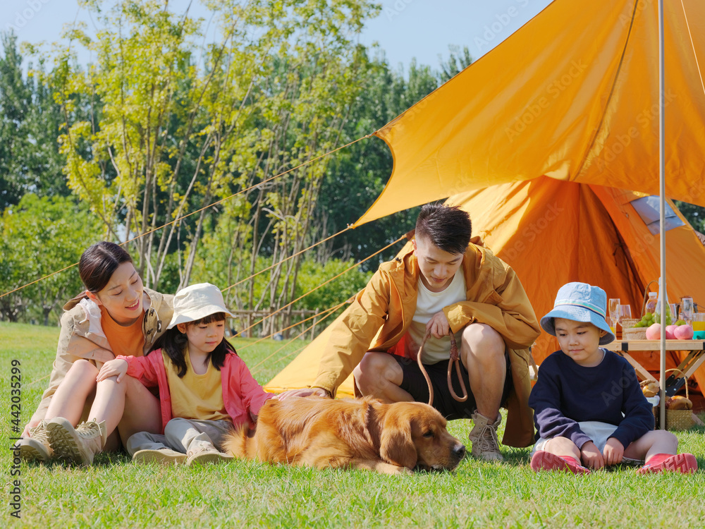 Fototapeta premium Happy family of four and pet dog in the park