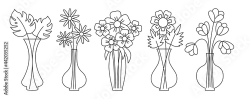 Vases black line and flowers with long stems vector flat set. Icons for mobile app and websites. Design for greeting cards, banners, invitations, posters. Monstera, tulips, chamomile, gerbera.