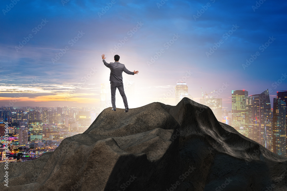 Fototapeta premium Businessman at the top of mountain in career concept